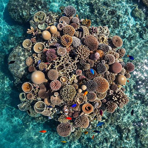 Aerial photograph of a vibrant coral reef, teeming with diverse sea creatures, including colorful fish, bubble corals, and spiny sea anem