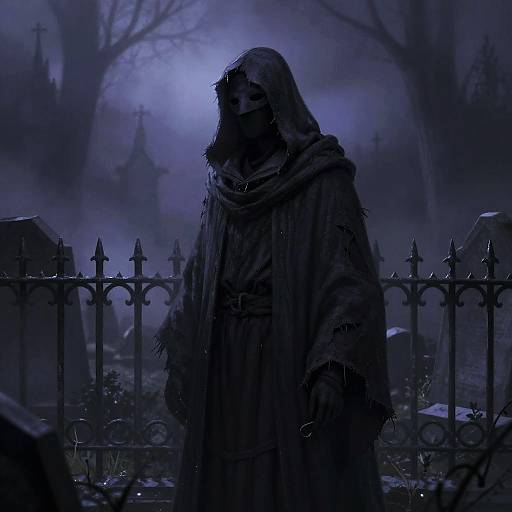 Mysterious, hooded figure in tattered cloak stands in a dark, eerie graveyard at night, illuminated by blue moonlight. Gothic, atmospheric photograph