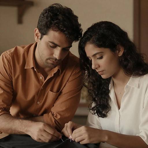 Rustic Sewing Portrait: Intimate Couple Moment