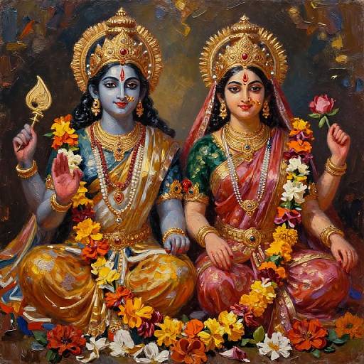 Digital painting of Hindu deities Shiva and Parvati, adorned in gold jewelry, traditional attire, surrounded by vibrant flowers, holding symbolic items.
