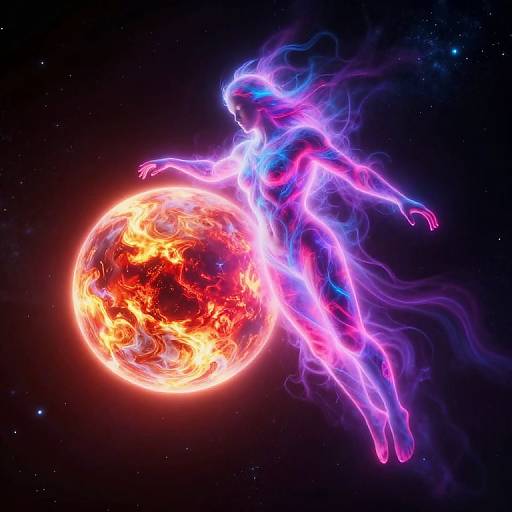 Digital art: Neon-colored, ethereal figure with flowing, glowing blue, pink, and purple lights hovers beside a vibrant, fiery red and orange