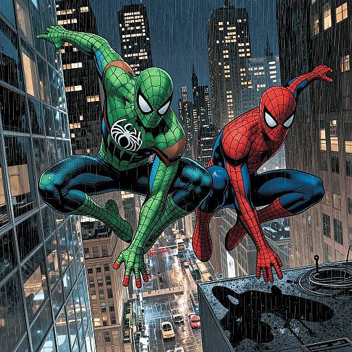Digital comic art: Two superheroes, Spider-Man (green suit, black web) and Spider-Man (red suit), leap from a rainy city rooftop at