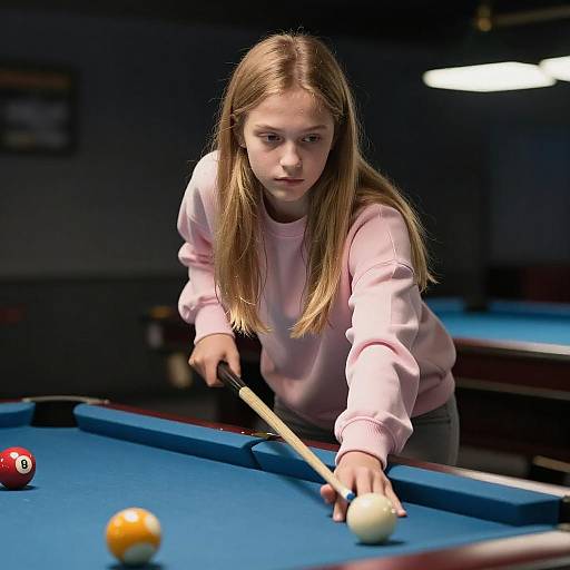 Photograph of a young blonde girl in a pink sweatshirt, focused as she lines up a cue shot on a blue pool table.