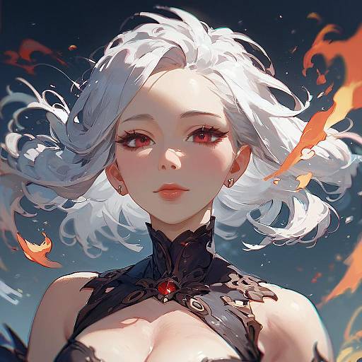 Anime Girl with White Hair and Flames