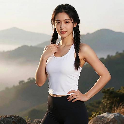 Photograph of an Asian woman with black braided hair, wearing a white tank top and black leggings, standing confidently against a misty mountain backdrop.