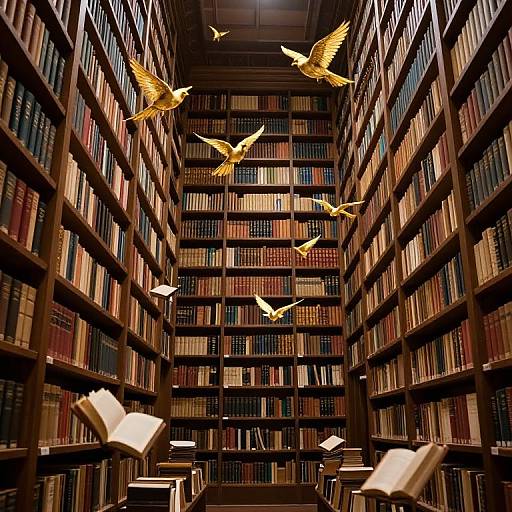 Flying Golden Books in Ancient Library