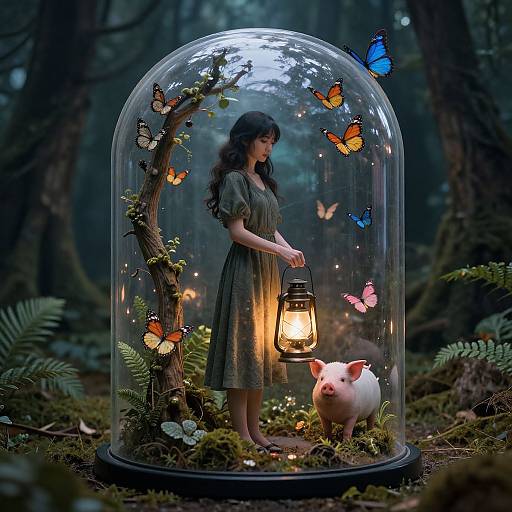 Photograph-style digital artwork: A young woman in a green dress holds a lantern, standing beside a pig inside a glass dome, surrounded by colorful butterflies