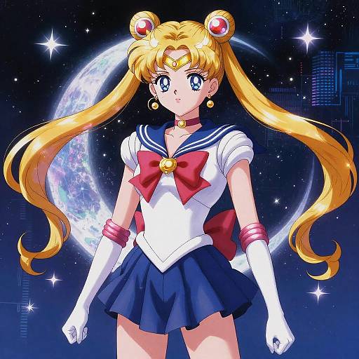 Digital anime-style drawing of Sailor Moon with long blonde twin-tails, blue eyes, white sailor outfit, red bow, and gloves, standing against a