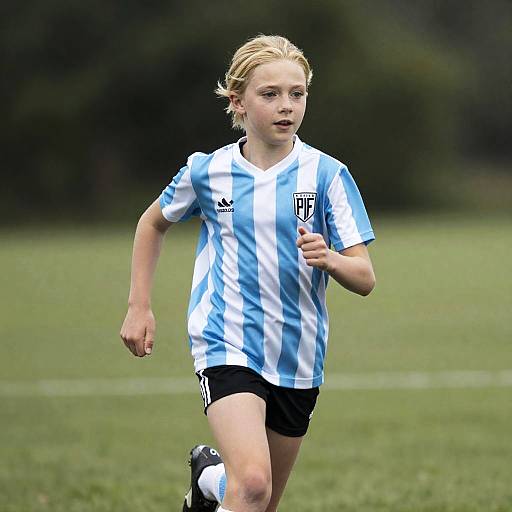 Photograph of a young blonde girl with light skin, running on a grassy soccer field, wearing a blue and white Argentina-style soccer jersey and black
