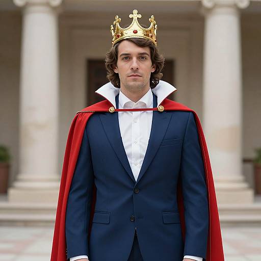 Photograph of a young man with brown hair, wearing a gold crown, black suit, white shirt, and red cape, standing in front of a