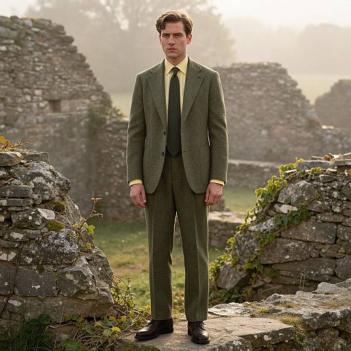 Photograph of a serious-looking man in a green suit, yellow shirt, and black tie, standing between ancient, moss-covered stone ruins with sunlight in