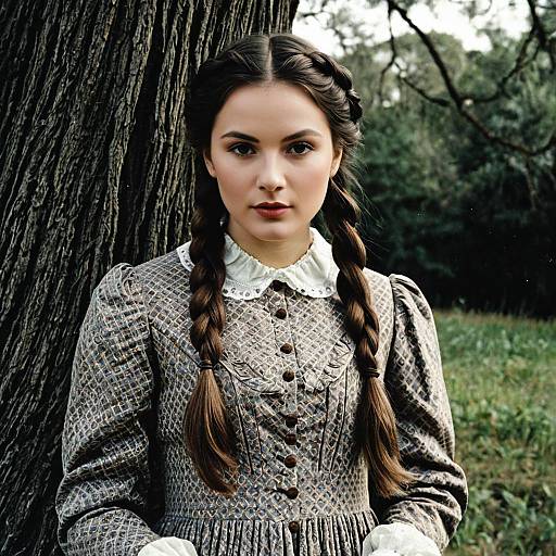 Young Woman in Victorian Dress with Twin Braids