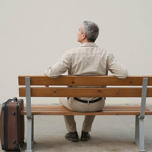 Man on Bench with Brown Suitcase