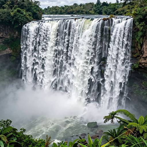 Photograph of a powerful, cascading waterfall surrounded by lush green foliage, with mist rising from the base and dense trees at the top.