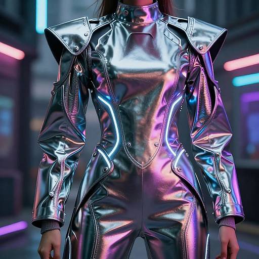 Photorealistic CGI of a person in a shiny, metallic silver jacket with neon purple and blue highlights, standing in a neon-lit urban street at