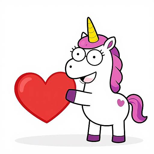 Cartoon white unicorn with pink mane and yellow horn, holding a large red heart, smiling with wide eyes, white background.