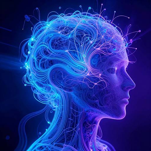 Digital art of a glowing blue and purple wireframe human head with intricate, neon-like lines and dots, set against a dark background.