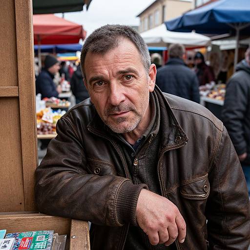 Photograph of a middle-aged man with short, graying hair and beard, wearing a brown leather jacket, leaning on a wooden stall at an outdoor