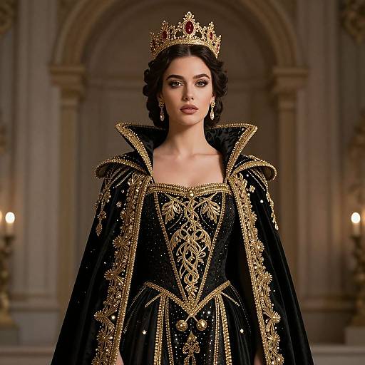 Photograph of a regal woman with dark wavy hair, wearing an ornate black and gold embroidered gown, crown, and earrings, standing in