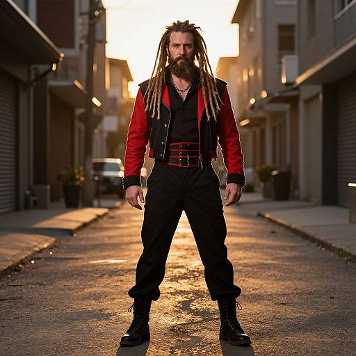 Photograph of a bearded man with dreadlocks, wearing a red jacket, black pants, and black boots, standing in a sunlit alleyway