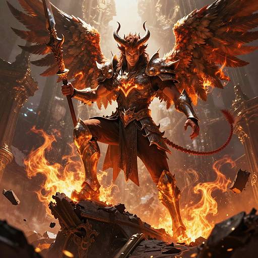 Digital art of a fierce, horned demon warrior with glowing red eyes, large wings, and fiery armor, standing on a burning rock amidst a ruined