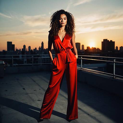Vibrant Red Silk Jumpsuit at Sunset