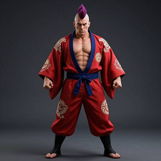 Muscular Man in Red Kimono with Mohawk