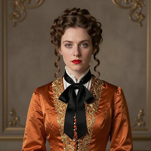 Victorian Era Woman in Ornate Satin Dress