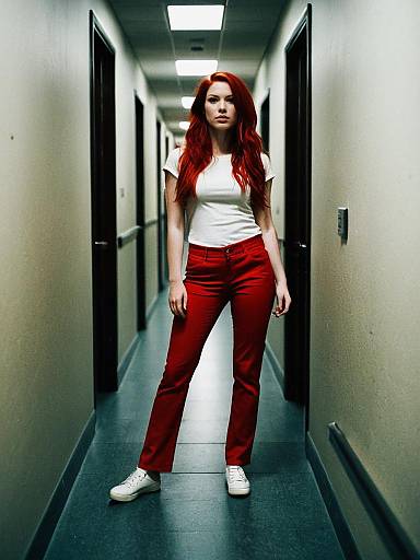 Red Pants Woman in Hallway