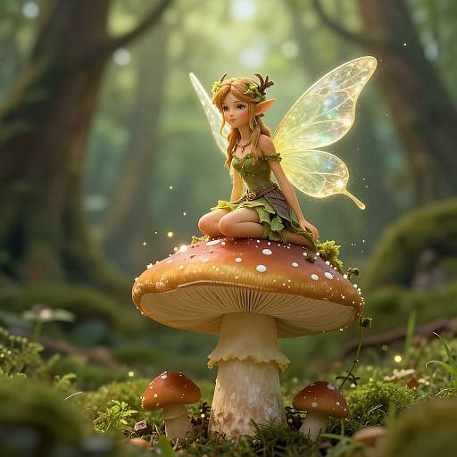 Digital fantasy artwork of a fairy with glowing wings and leafy dress, sitting on a large, glowing mushroom in a sunlit forest.