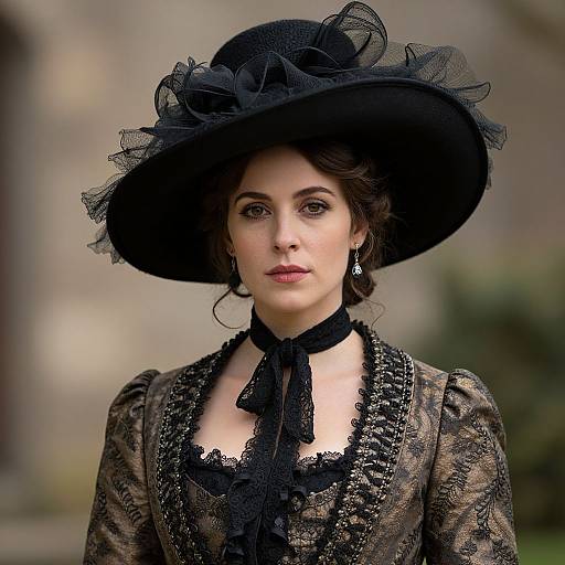 Photograph of a pale-skinned woman with dark brown hair, wearing a large black lace hat, black lace dress, and choker, with a