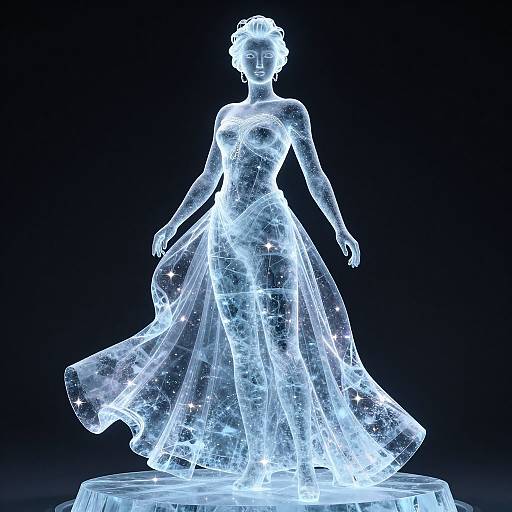 Glowing neon wireframe sculpture of a woman in a flowing gown, illuminated with white lights, against a black background.