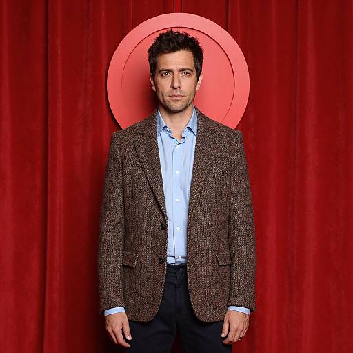 Man in Tweed Jacket Against Red Curtain