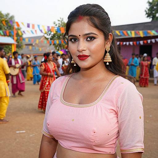 Photograph of a South Asian woman with long black hair, red lipstick, and gold earrings, wearing a pink crop top, standing in a colorful festival