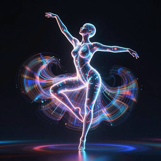 Neon-lit, glowing silhouette of a ballerina dancing gracefully, surrounded by colorful, swirling light trails against a black background. Digital art.
