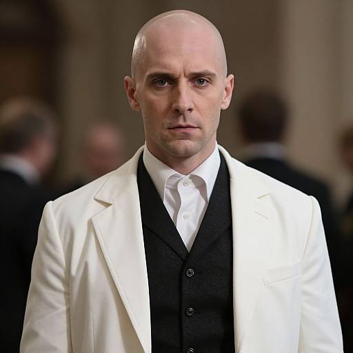Photograph of a bald, serious-looking man in a white suit jacket, black vest, and white shirt, with a blurred background of people.