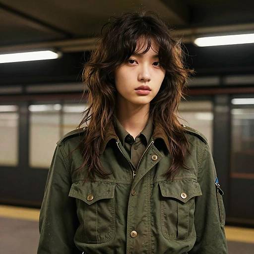 Photograph of an Asian woman with wavy black hair, wearing a green military-style jacket, standing in a dimly lit subway station.