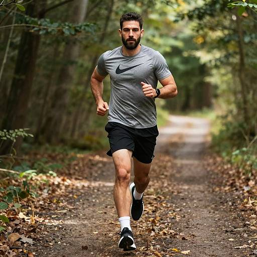 Photograph of a muscular, bearded man with short dark hair running on a forest path, wearing a gray Nike shirt, black shorts, and white