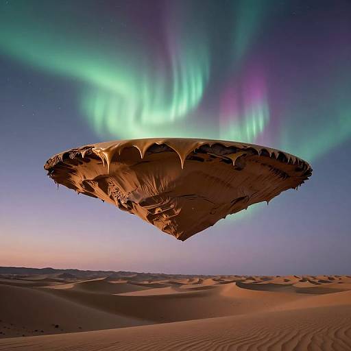 Photograph: A UFO with jagged edges hovers above a desert with rippled sand dunes under a vibrant, green-purple aurora sky.