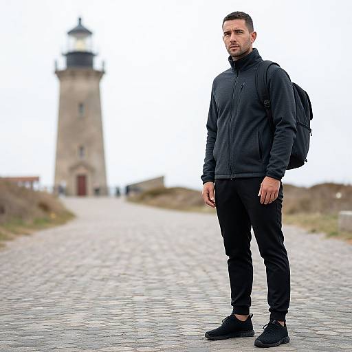 Man in Technical Fleece by Lighthouse