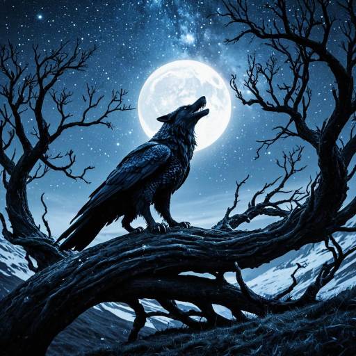 Mythical Raven on Tree Branch Under Full Moon