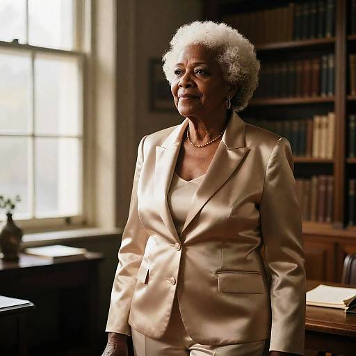 Statuesque Elder in Vintage Sunlit Library