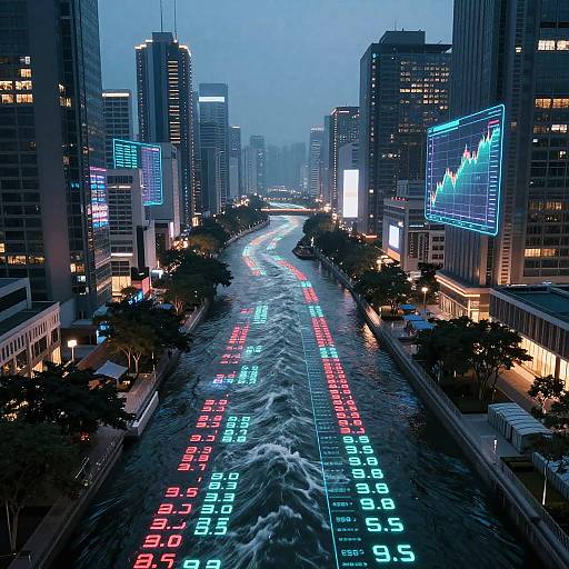 Photograph of a futuristic cityscape at dusk, featuring a river with neon-lit, stock market numbers glowing in red and blue, flanked by