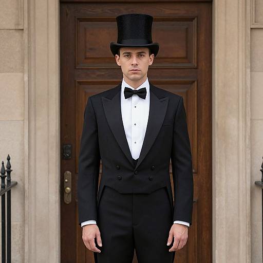 Photograph of a young man in a black tuxedo, white shirt, black bow tie, and top hat, standing in front of a wooden