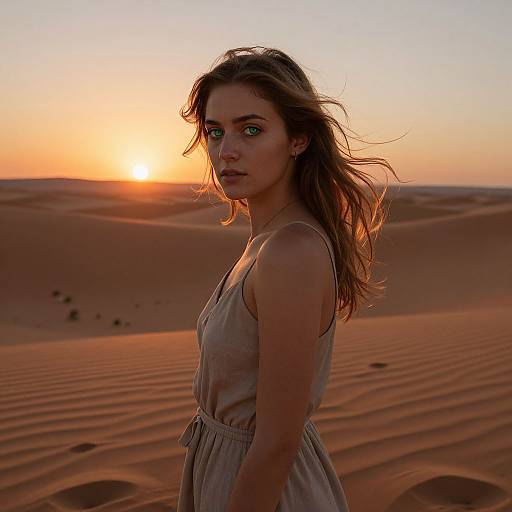 Photograph of a young woman with long brown hair and green eyes, wearing a sleeveless beige dress, standing in a desert at sunset, with rip