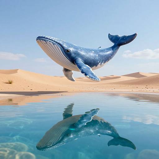 Photograph of a massive blue humpback whale leaping out of a clear, reflective desert oasis, with sandy dunes and a bright blue sky