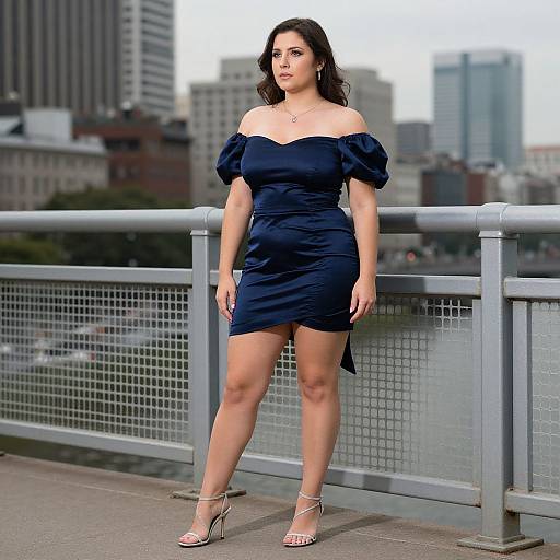 Lanky Woman on City Bridge in Satin Dress