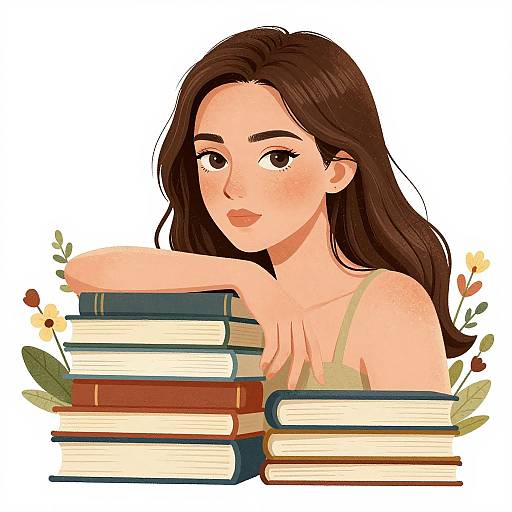 Digital illustration of a fair-skinned, brown-haired woman with freckles, wearing a beige top, resting her chin on stacked books with small flowers