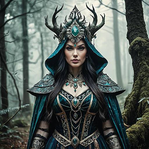 Enigmatic Forest Sorceress in Ornate Outfit