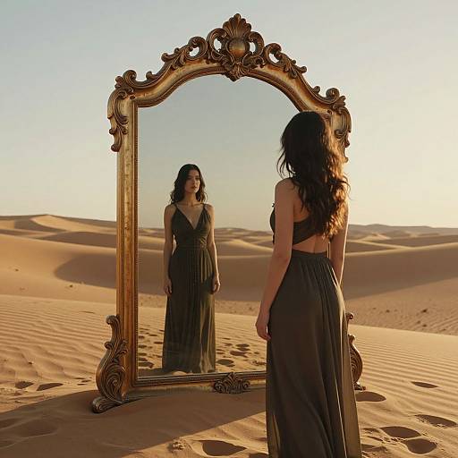 Photograph of a woman with long dark hair in a flowing black dress, standing in a desert, facing an ornate gold mirror reflecting her image,